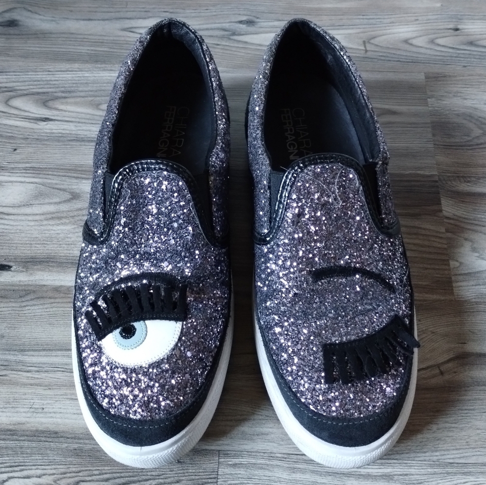 CHIARA FERRAGNI Glitter Eye Winking Slip On Shoes Size 39 US 9